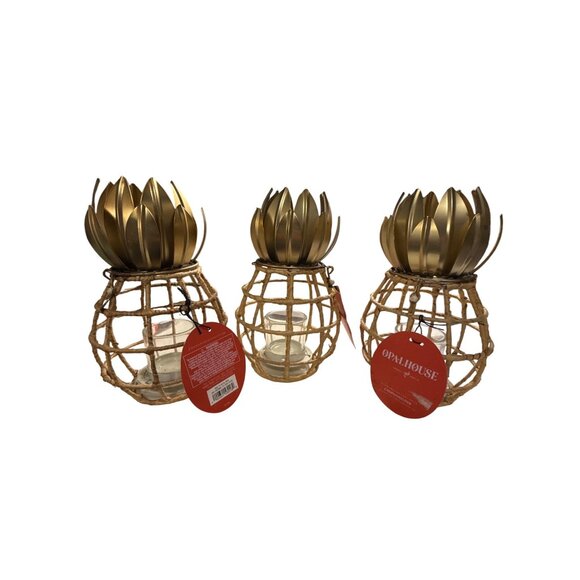 Opalhouse Candleholders Pineapple Design Set of 3 Rattan & Metal 9" - Picture 1 of 6